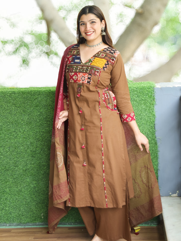 Sundari Choco Brown Embriodered V Neck Patch Panel Cotton 3 Piece Set with Pocket
