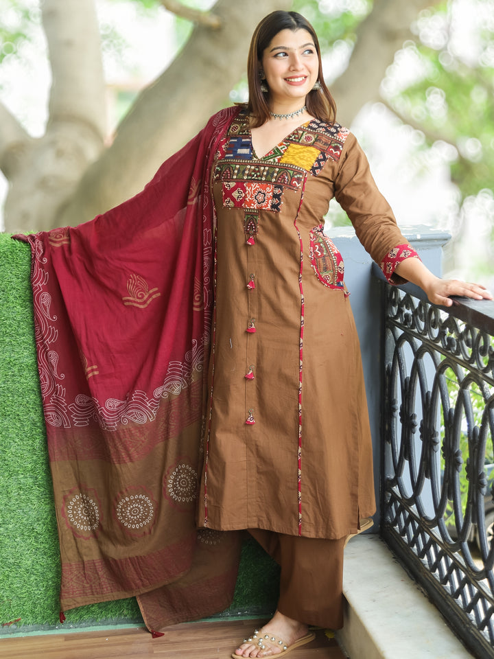 Sundari Choco Brown Embriodered V Neck Patch Panel Cotton 3 Piece Set with Pocket