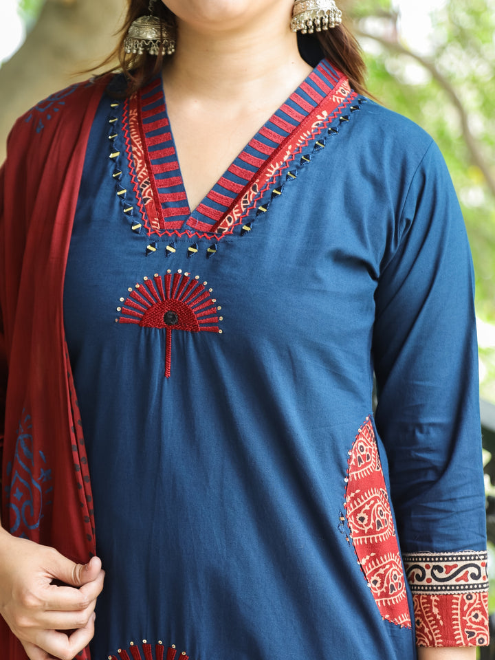 Sundari Prussian Blue V Neck Patch and Mirror Embroidered Cotton 3 Piece Set with Pocket