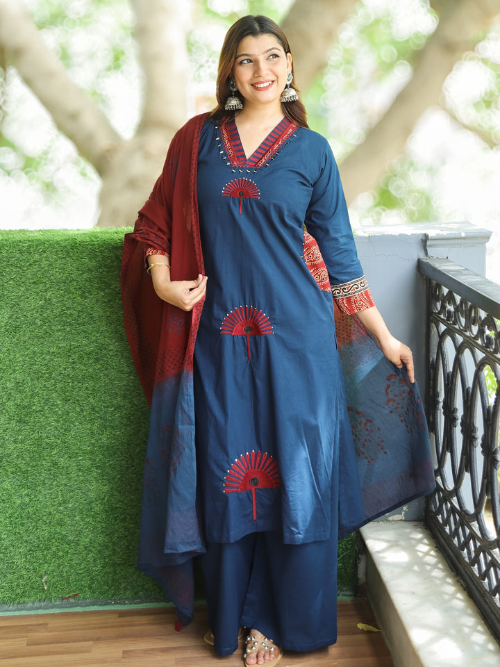 Sundari Prussian Blue V Neck Patch and Mirror Embroidered Cotton 3 Piece Set with Pocket