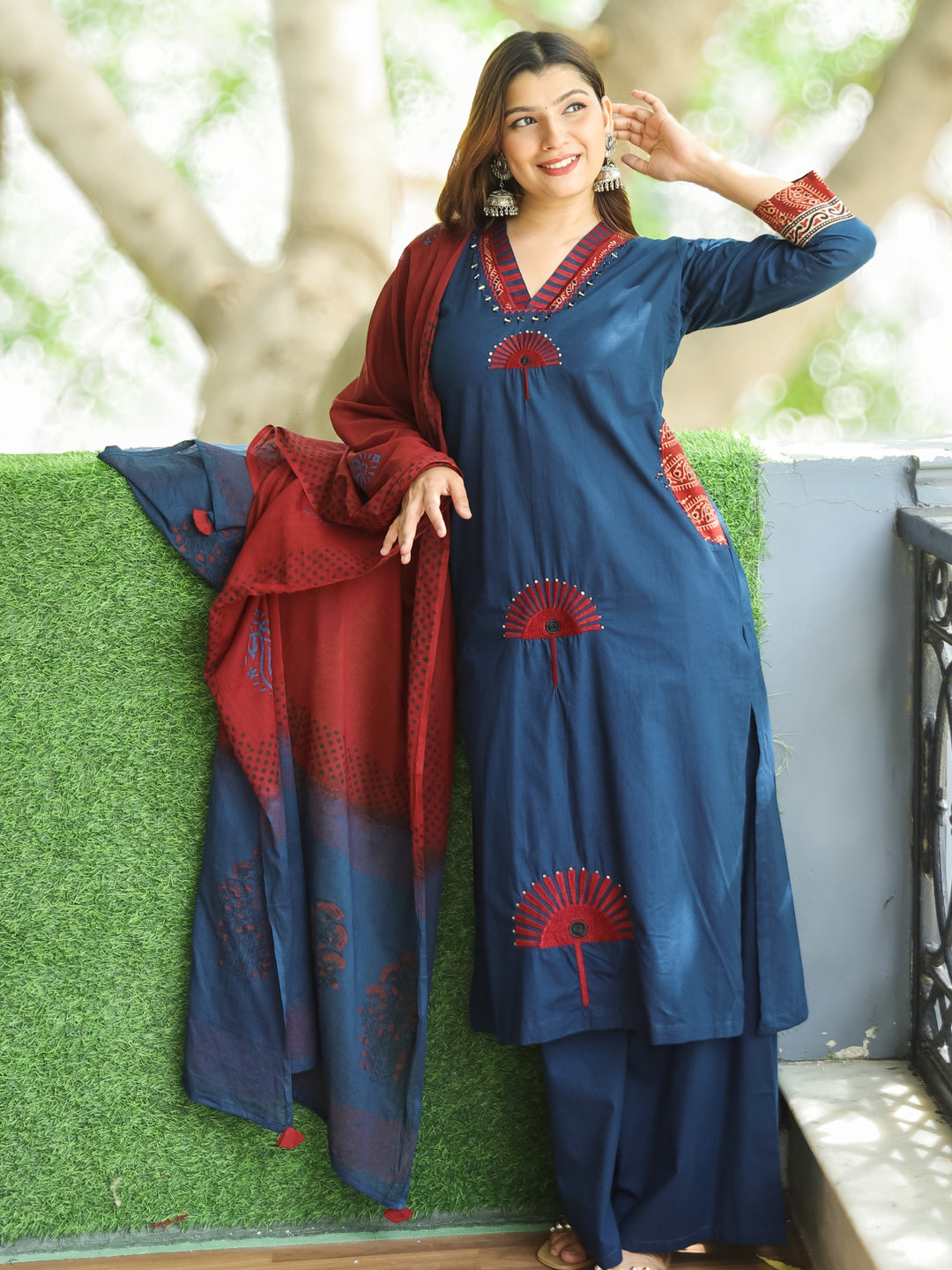 Sundari Prussian Blue V Neck Patch and Mirror Embroidered Cotton 3 Piece Set with Pocket