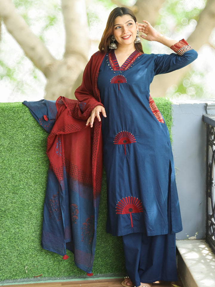 Sundari Prussian Blue V Neck Patch and Mirror Embroidered Cotton 3 Piece Set with Pocket