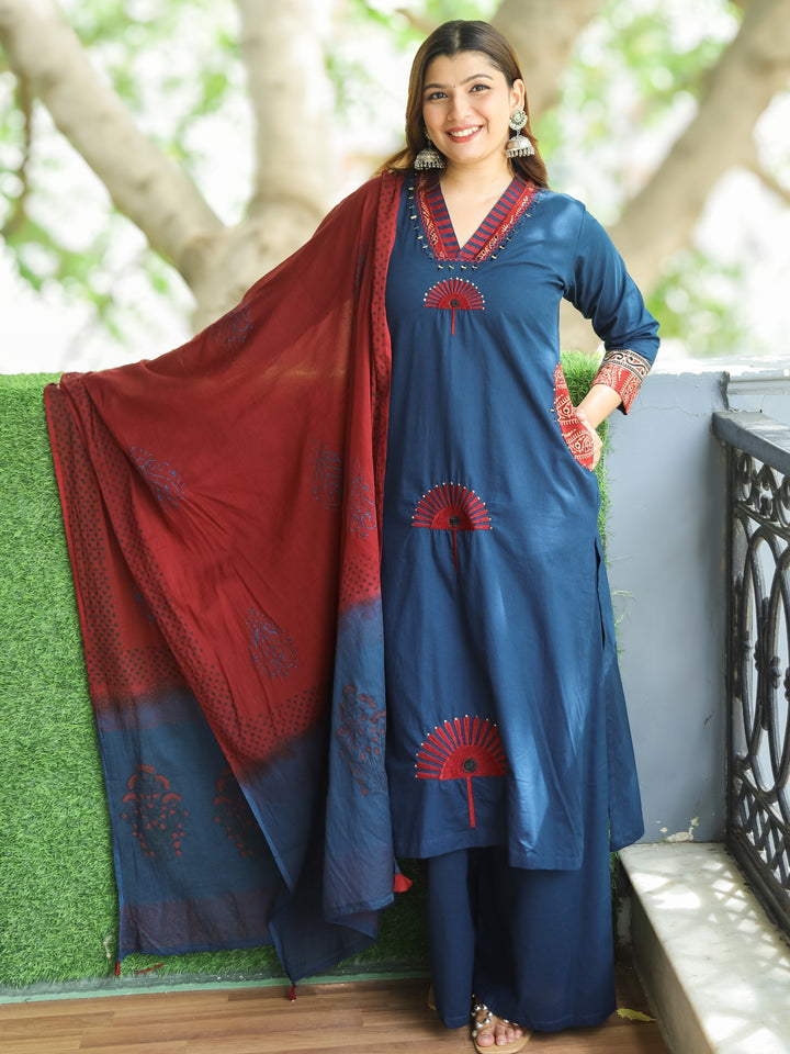 Sundari Prussian Blue V Neck Patch and Mirror Embroidered Cotton 3 Piece Set with Pocket