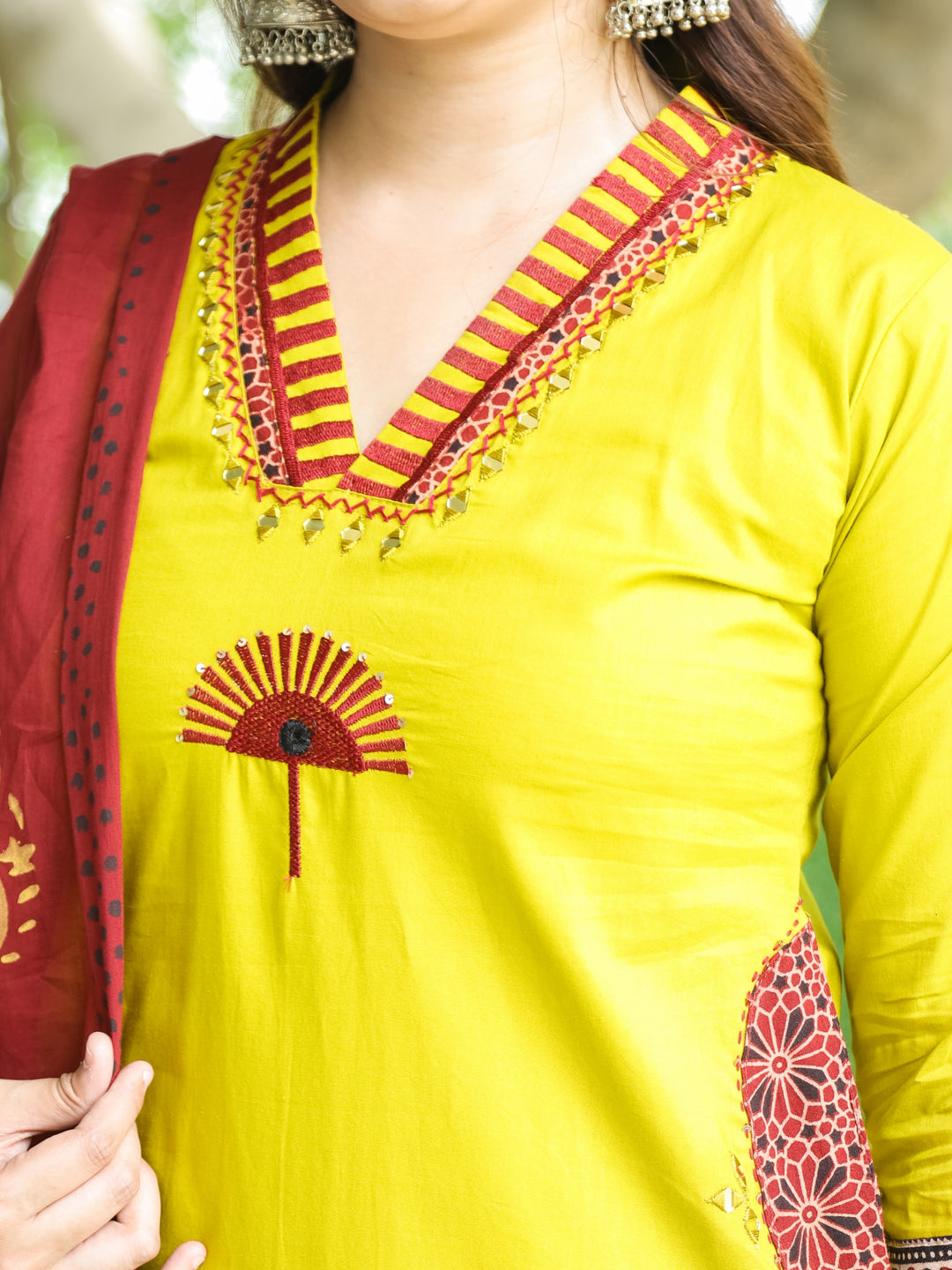 Sundari Corn Yellow V Neck Patch and Mirror Embroidered Cotton 3 Piece Set with Pocket
