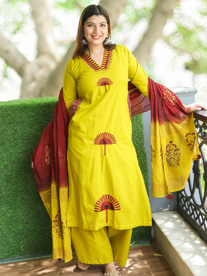 Sundari Corn Yellow V Neck Patch and Mirror Embroidered Cotton 3 Piece Set with Pocket
