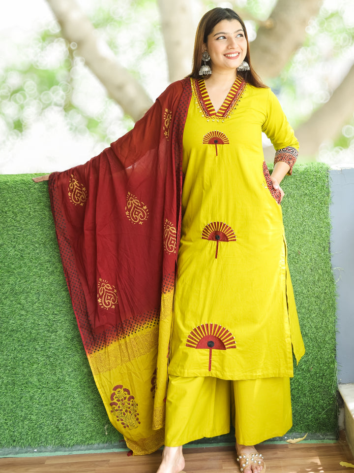 Sundari Corn Yellow V Neck Patch and Mirror Embroidered Cotton 3 Piece Set with Pocket