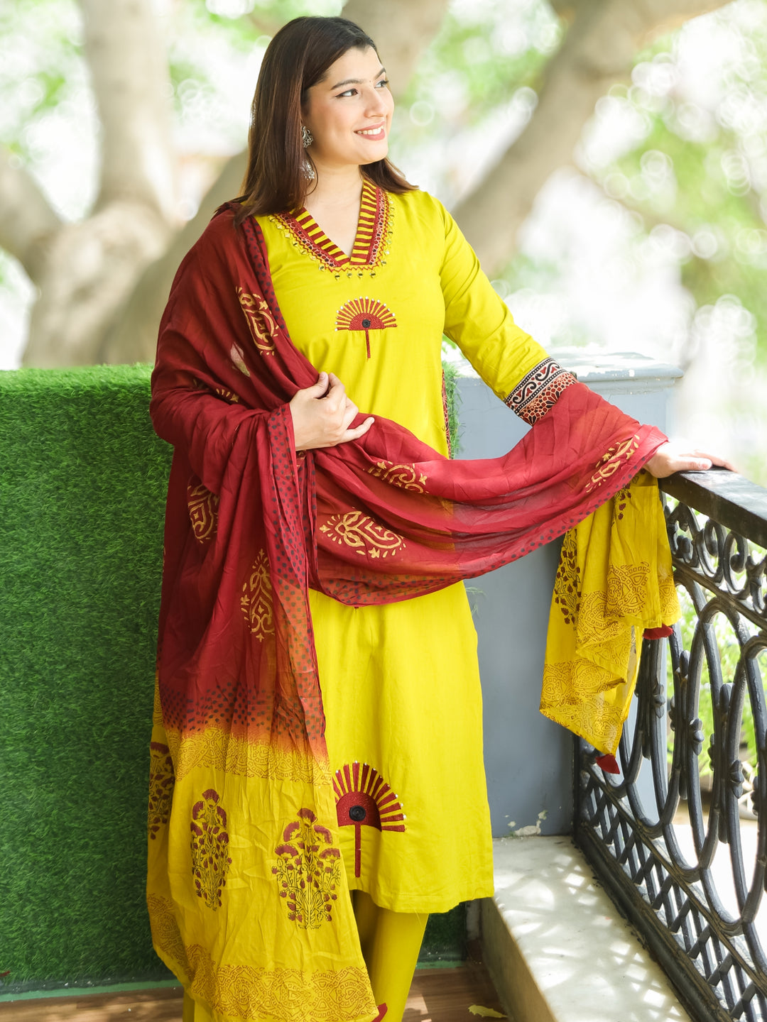 Sundari Corn Yellow V Neck Patch and Mirror Embroidered Cotton 3 Piece Set with Pocket