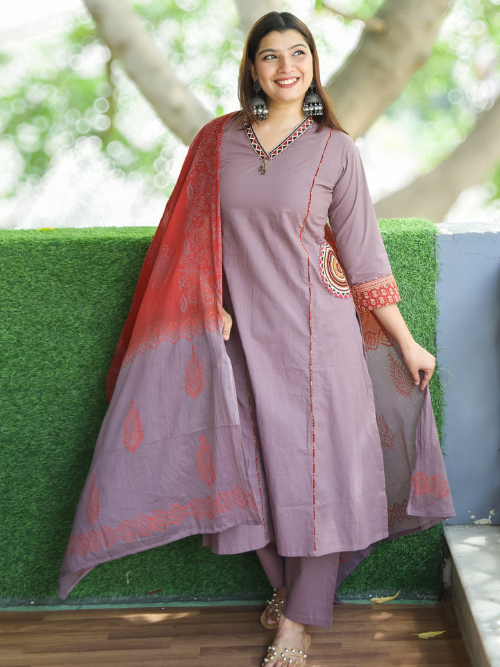 Sundari Lilac Mauve V Neck Lace with Panel Style Cotton 3 Piece Set with Pocket