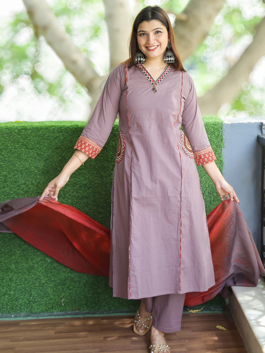 Sundari Lilac Mauve V Neck Lace with Panel Style Cotton 3 Piece Set with Pocket