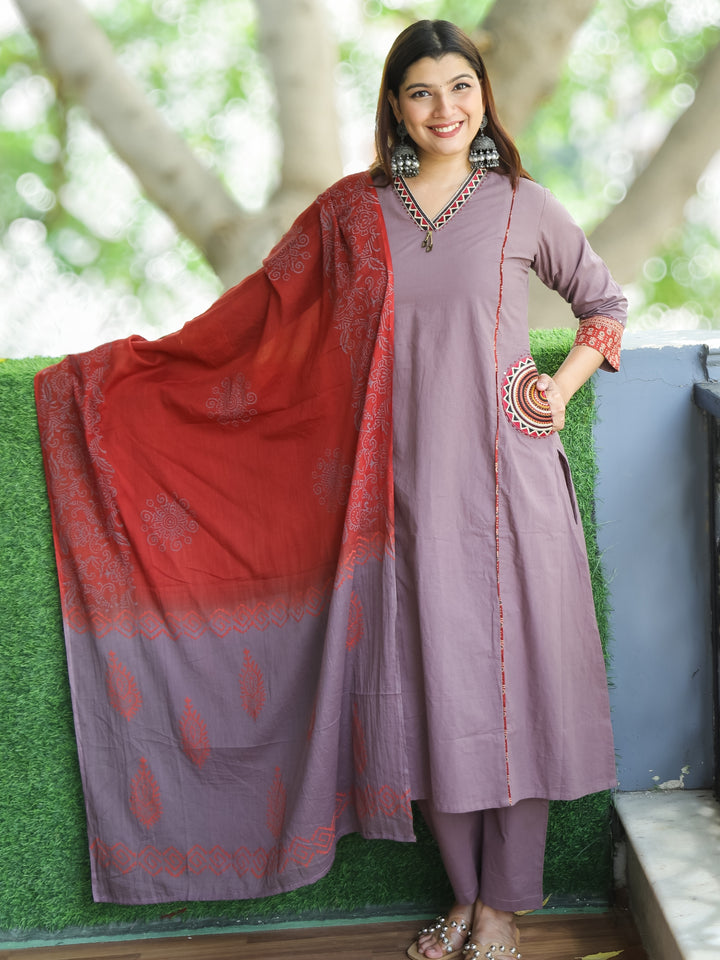 Sundari Lilac Mauve V Neck Lace with Panel Style Cotton 3 Piece Set with Pocket