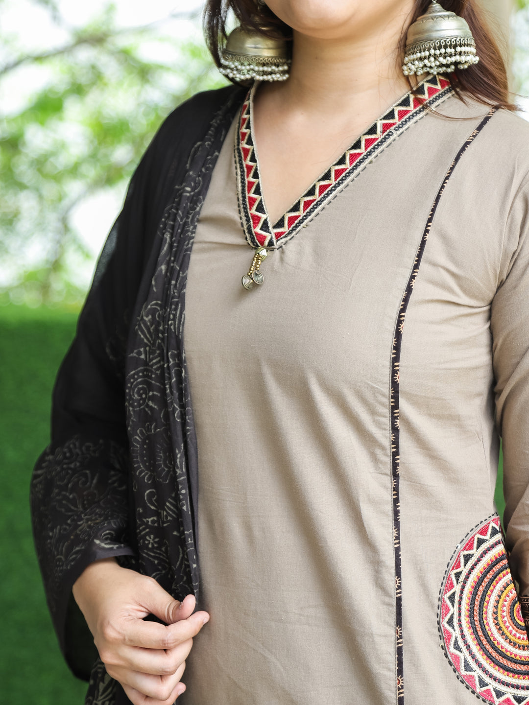Sundari Hazel Frappe V Neck Lace with Panel Style Cotton 3 Piece Set with Pocket