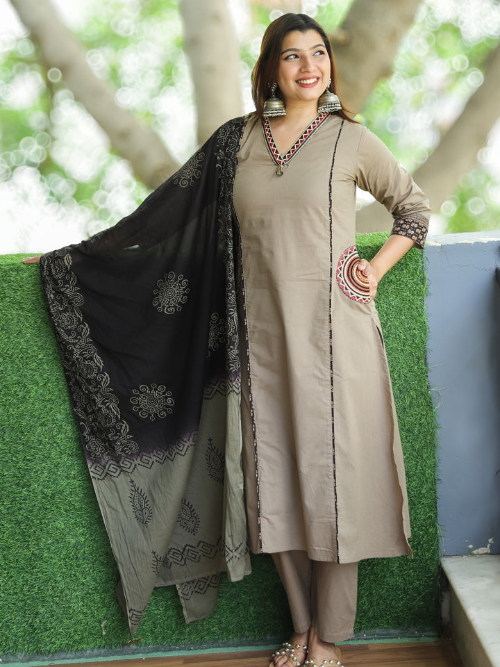 Sundari Hazel Frappe V Neck Lace with Panel Style Cotton 3 Piece Set with Pocket