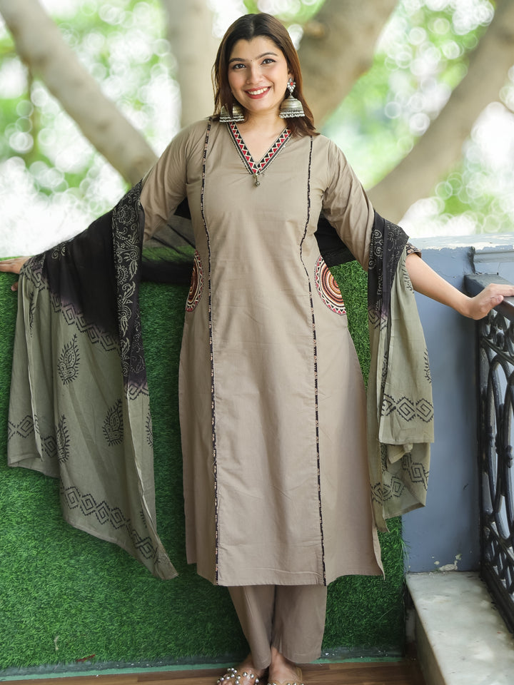 Sundari Hazel Frappe V Neck Lace with Panel Style Cotton 3 Piece Set with Pocket