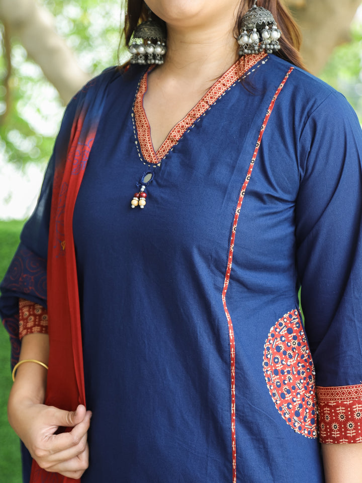 Sundari Denim Blue V Neck Lace with Panel Style Cotton 3 Piece Set with Pocket