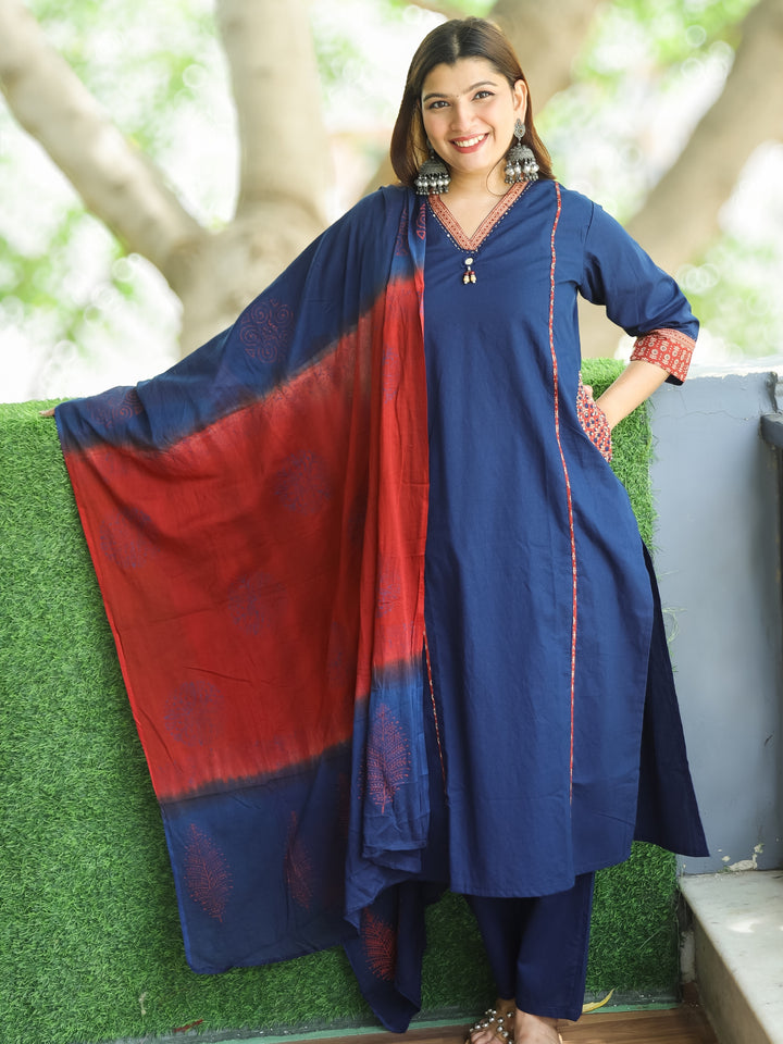 Sundari Denim Blue V Neck Lace with Panel Style Cotton 3 Piece Set with Pocket