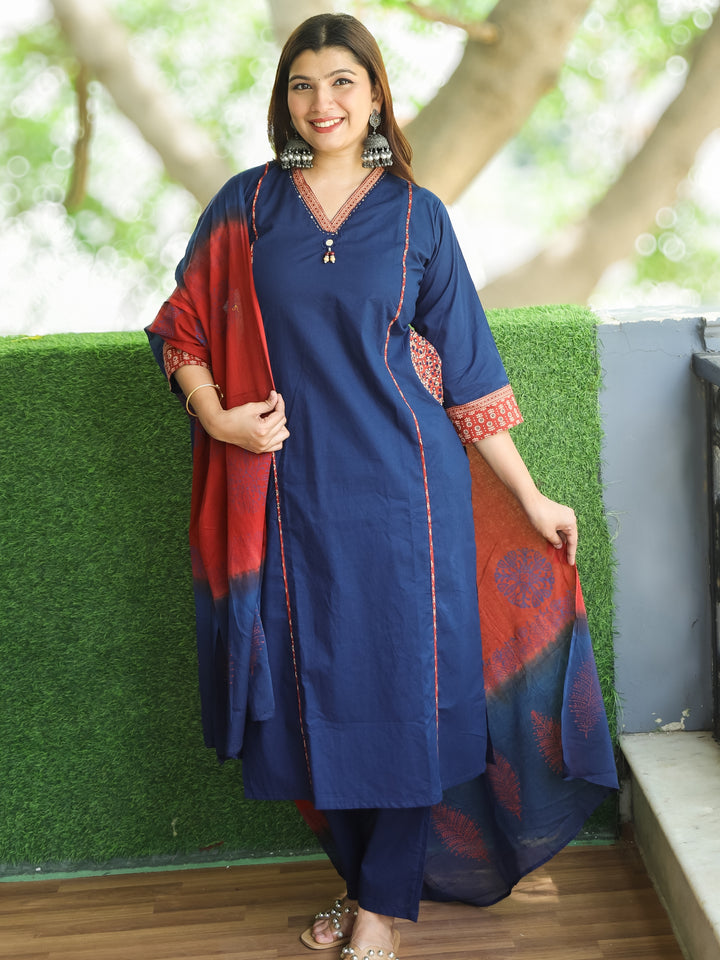Sundari Denim Blue V Neck Lace with Panel Style Cotton 3 Piece Set with Pocket