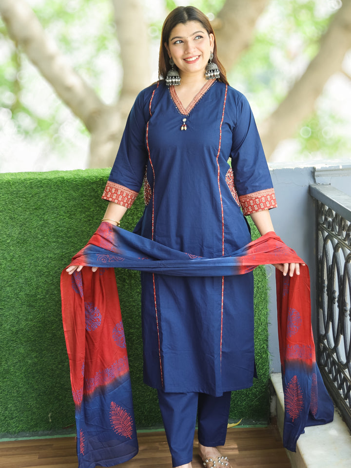 Sundari Denim Blue V Neck Lace with Panel Style Cotton 3 Piece Set with Pocket