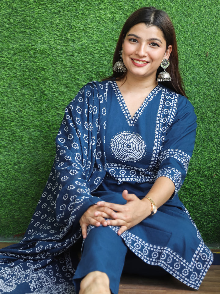 Sundari Cerulean Blue Bandhani Print Yoke with Thread Work Cotton 3 Piece Set