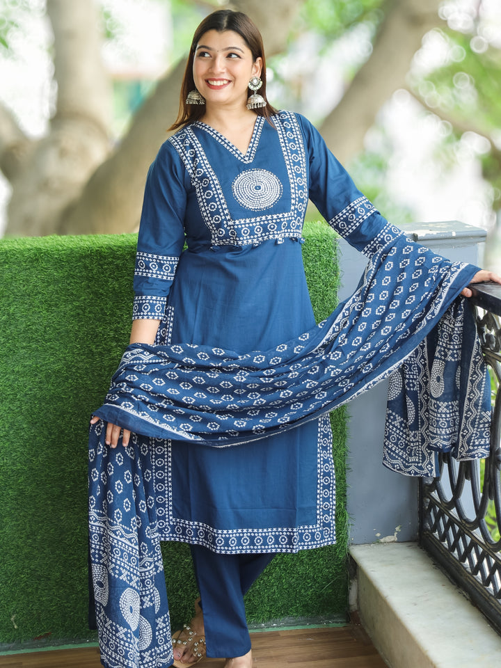Sundari Cerulean Blue Bandhani Print Yoke with Thread Work Cotton 3 Piece Set