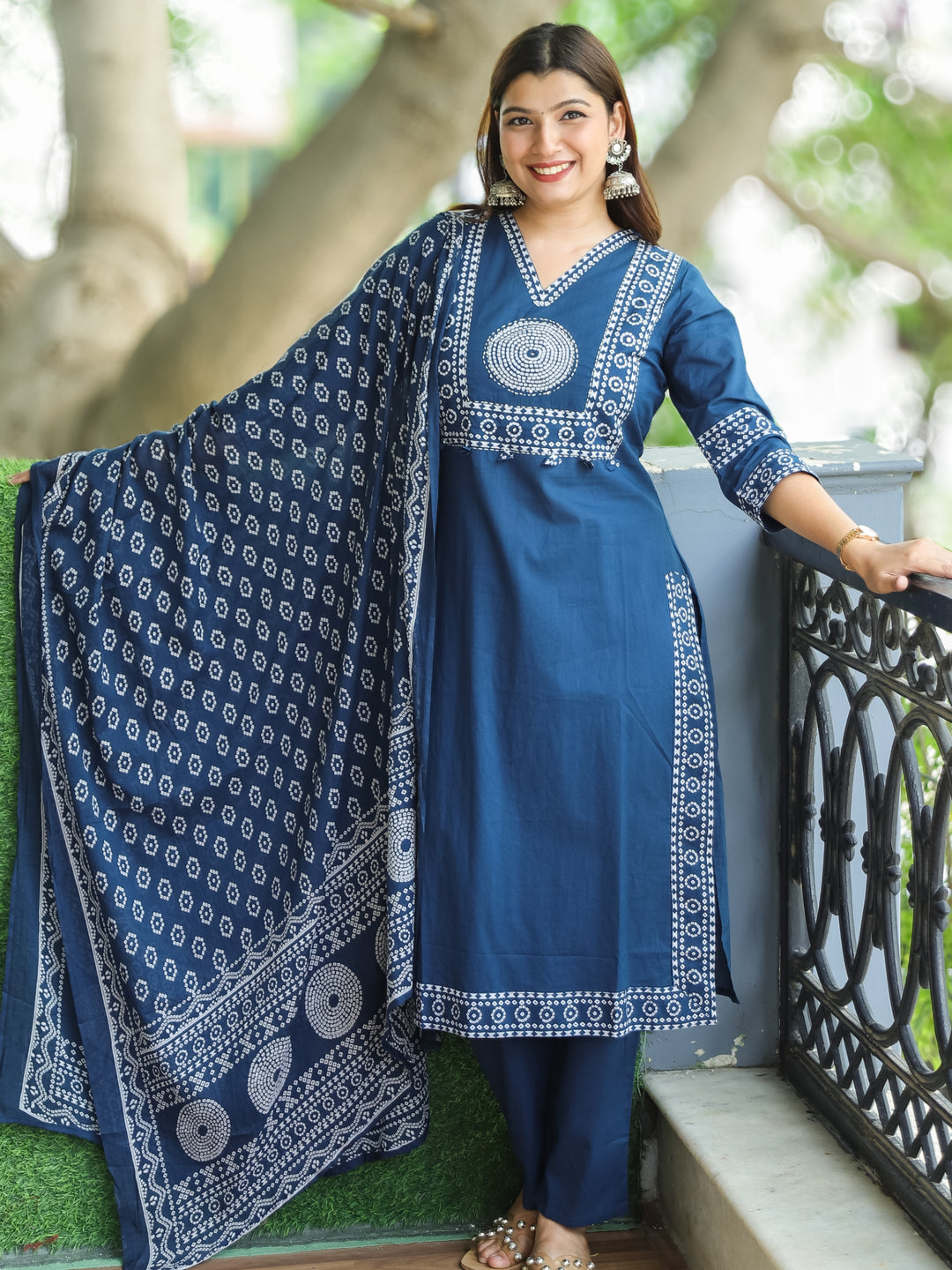 Sundari Cerulean Blue Bandhani Print Yoke with Thread Work Cotton 3 Piece Set