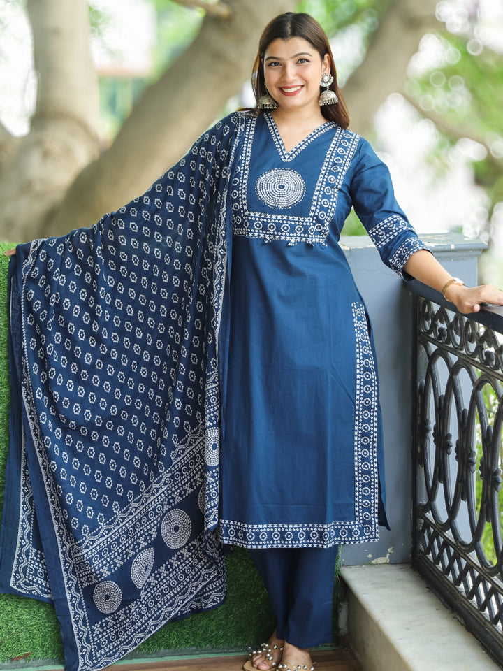 Sundari Cerulean Blue Bandhani Print Yoke with Thread Work Cotton 3 Piece Set