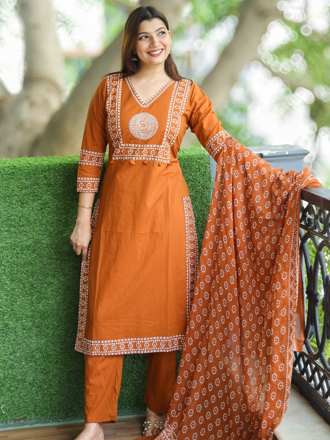 Sundari Rust Orange Bandhani Print Yoke with Thread Work Cotton 3 Piece Set