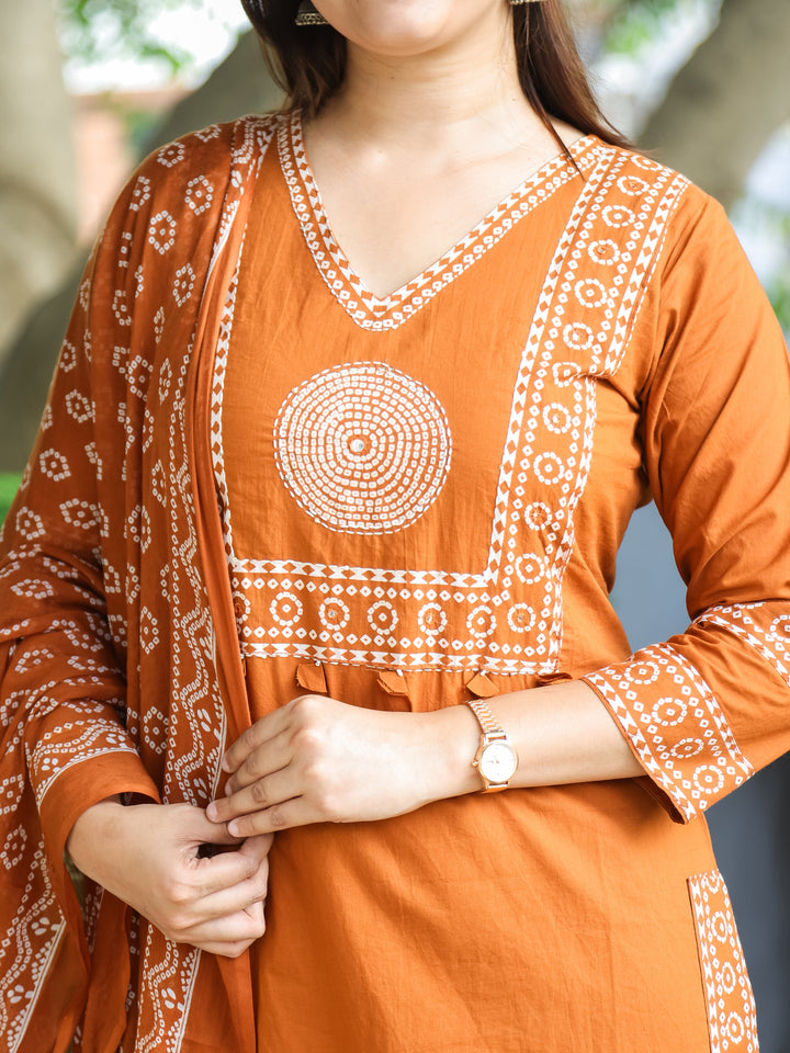 Sundari Rust Orange Bandhani Print Yoke with Thread Work Cotton 3 Piece Set