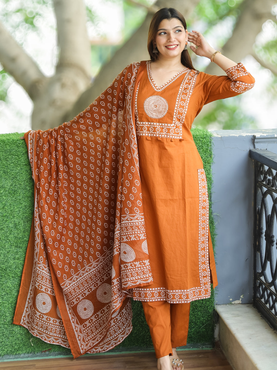 Sundari Rust Orange Bandhani Print Yoke with Thread Work Cotton 3 Piece Set