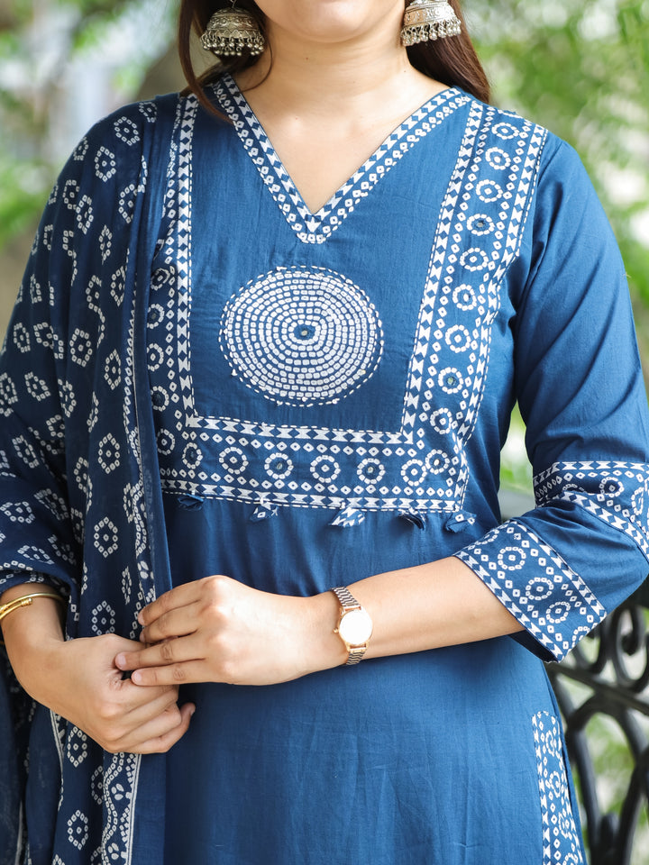 Sundari Cerulean Blue Bandhani Print Yoke with Thread Work Cotton 3 Piece Set
