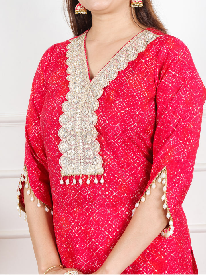 Jhankaar Bright Pink Mirror and Moti Lace Work Bandhani Print Modal Kurti