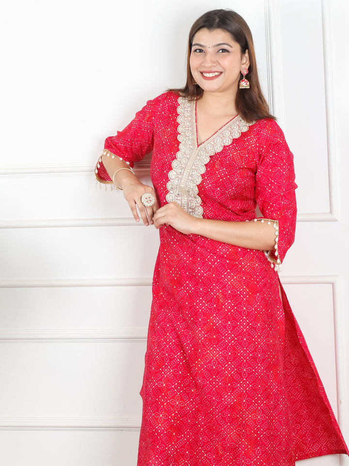 Jhankaar Bright Pink Mirror and Moti Lace Work Bandhani Print Modal Kurti