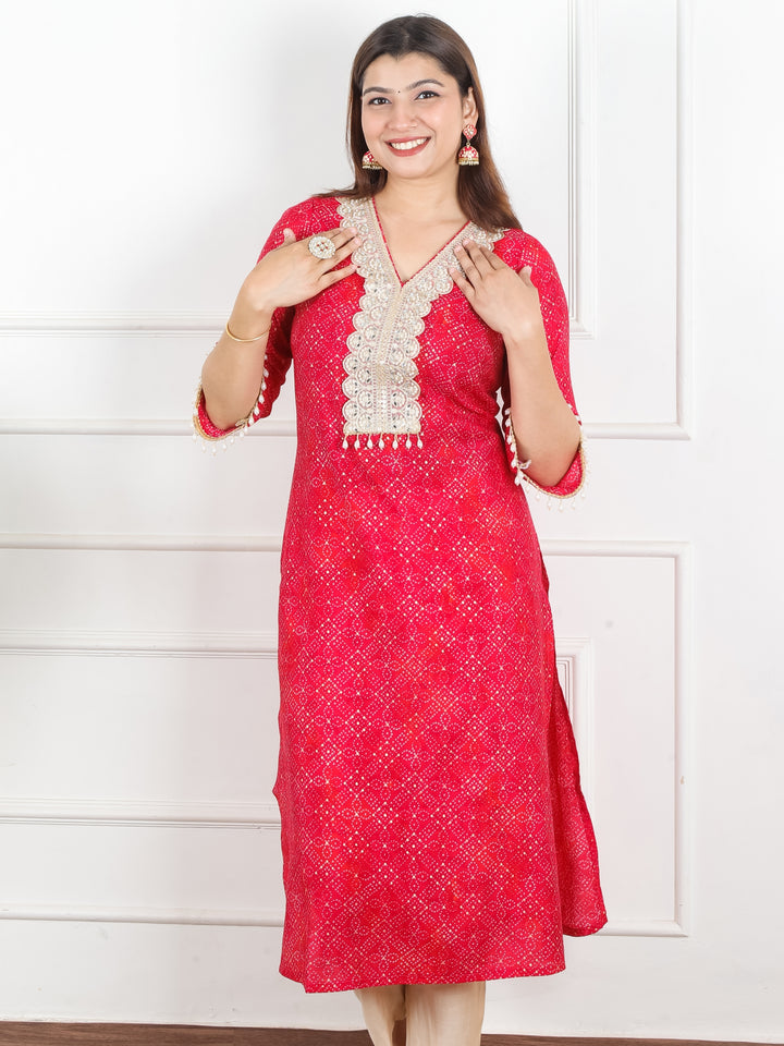 Jhankaar Bright Pink Mirror and Moti Lace Work Bandhani Print Modal Kurti