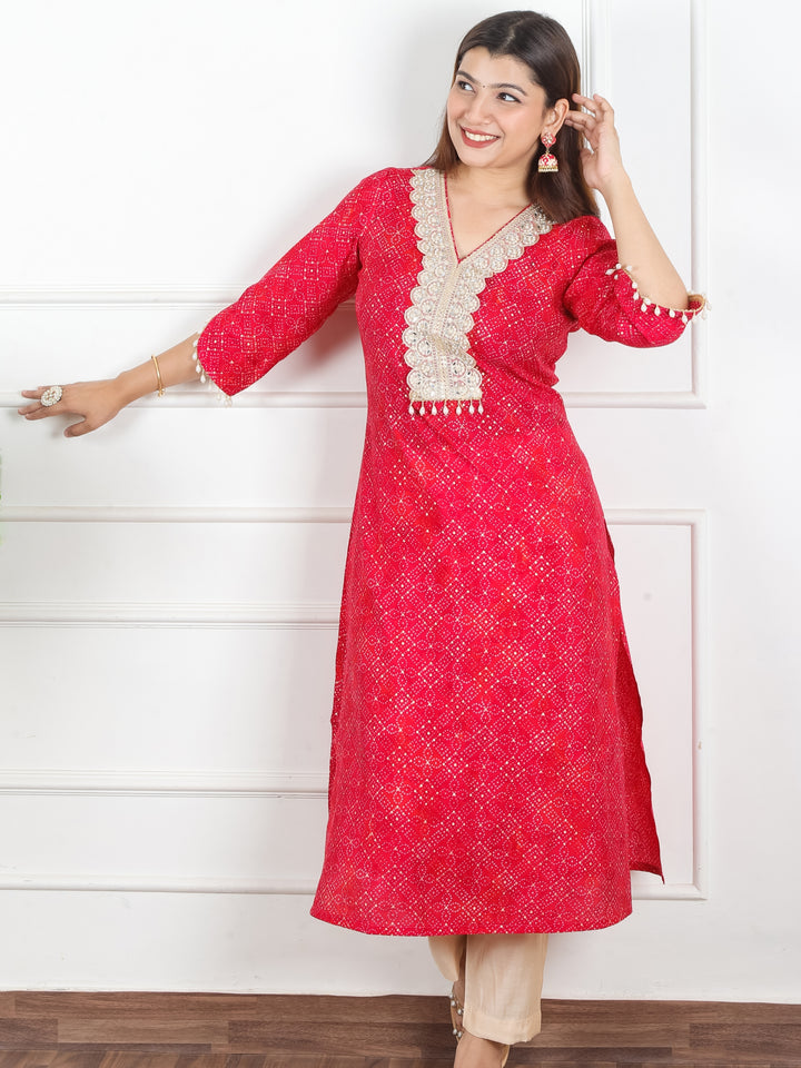 Jhankaar Bright Pink Mirror and Moti Lace Work Bandhani Print Modal Kurti