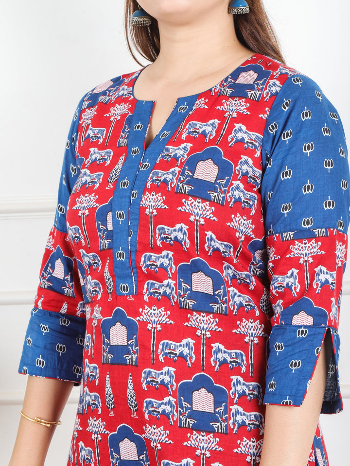 Sarangi Stawberry Red Digital Floral Printed with Lotus Patch on Neck Cotton 2 Piece Set