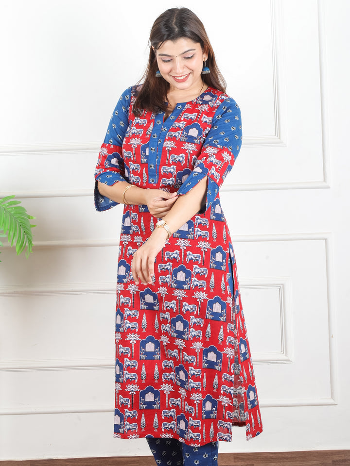 Sarangi Stawberry Red Digital Floral Printed with Lotus Patch on Neck Cotton 2 Piece Set