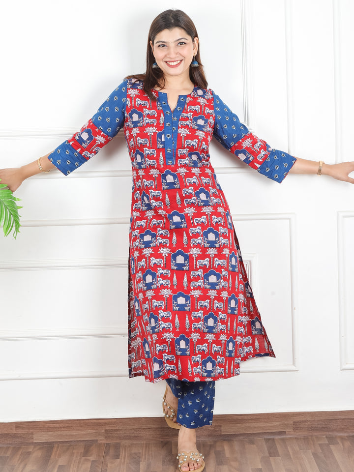 Sarangi Stawberry Red Digital Floral Printed with Lotus Patch on Neck Cotton 2 Piece Set