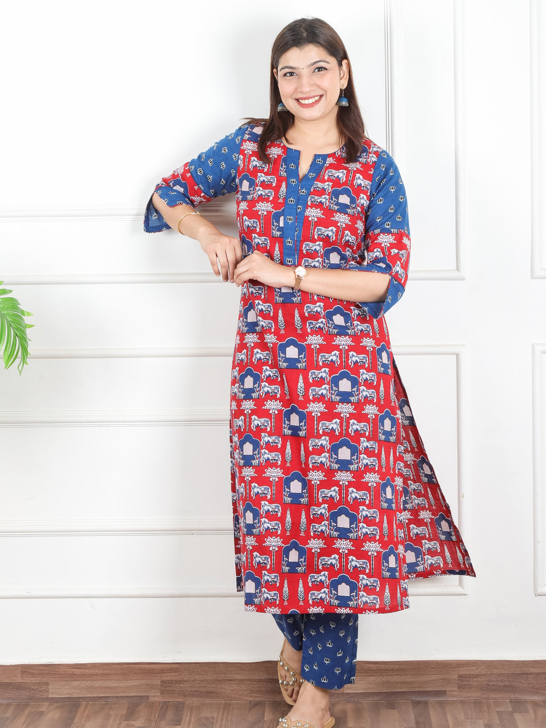 Sarangi Stawberry Red Digital Floral Printed with Lotus Patch on Neck Cotton 2 Piece Set