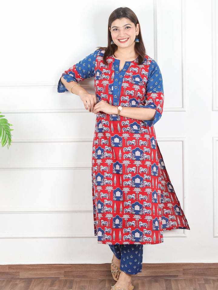 Sarangi Stawberry Red Digital Floral Printed with Lotus Patch on Neck Cotton 2 Piece Set