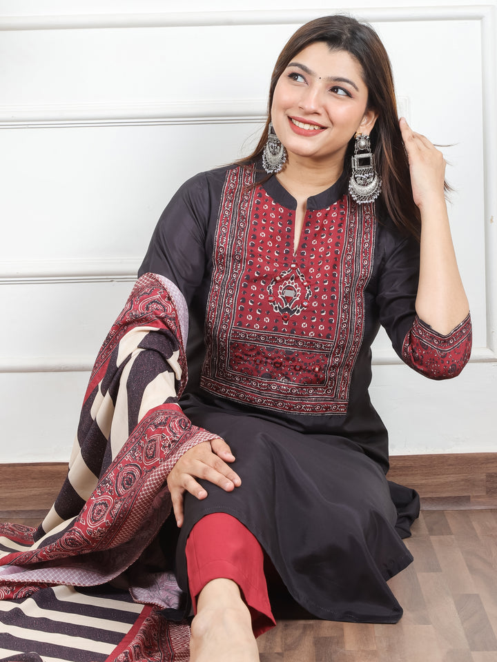 Vedika Faded Black Ajrak Print Yoke with Mirror Work Detailing Art Muslin 3 PIece Set