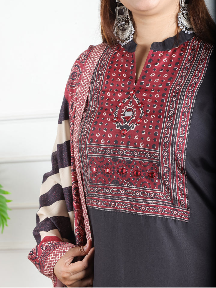 Vedika Faded Black Ajrak Print Yoke with Mirror Work Detailing Art Muslin 3 PIece Set