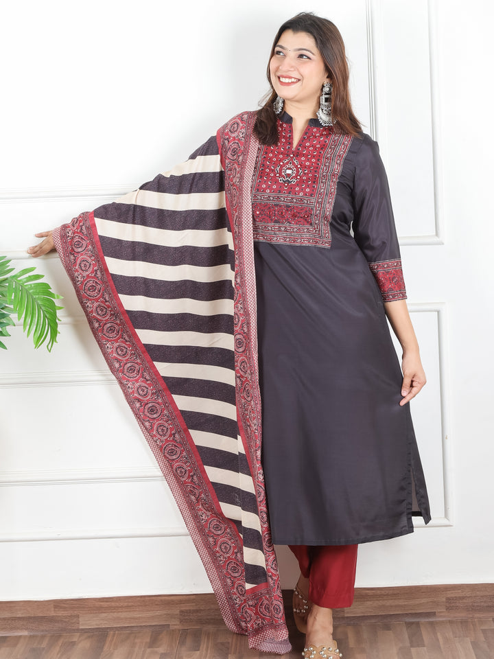 Vedika Faded Black Ajrak Print Yoke with Mirror Work Detailing Art Muslin 3 PIece Set