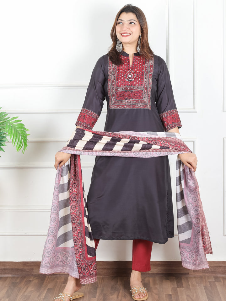 Vedika Faded Black Ajrak Print Yoke with Mirror Work Detailing Art Muslin 3 PIece Set