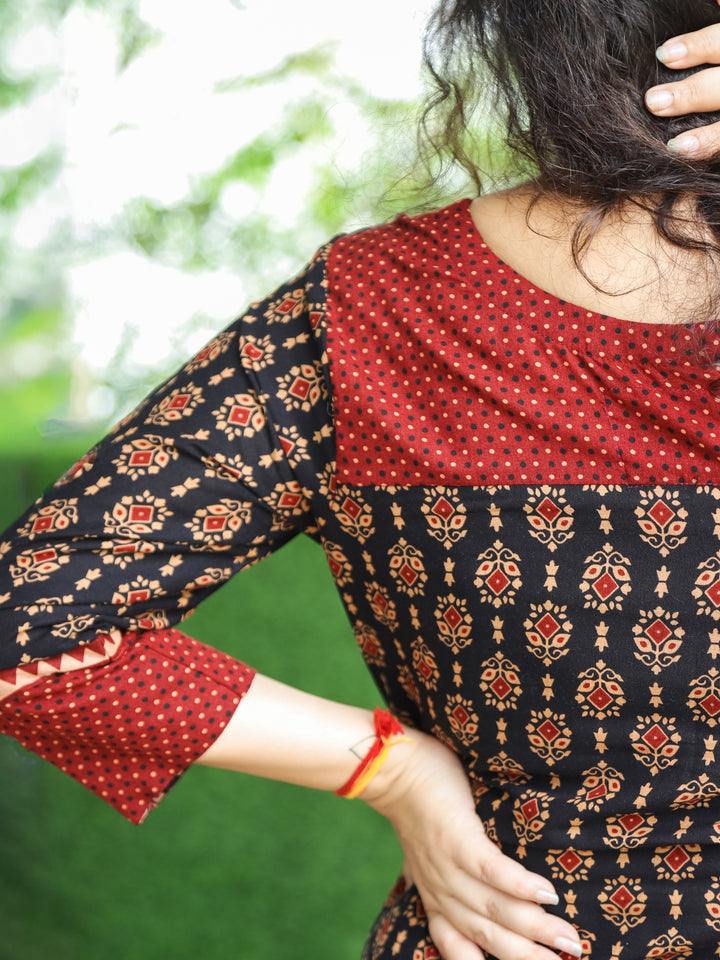 Mohini Ebony Black Kutch Mirror Yoke with Embroidery Work Ajrak Print Cotton Kurti