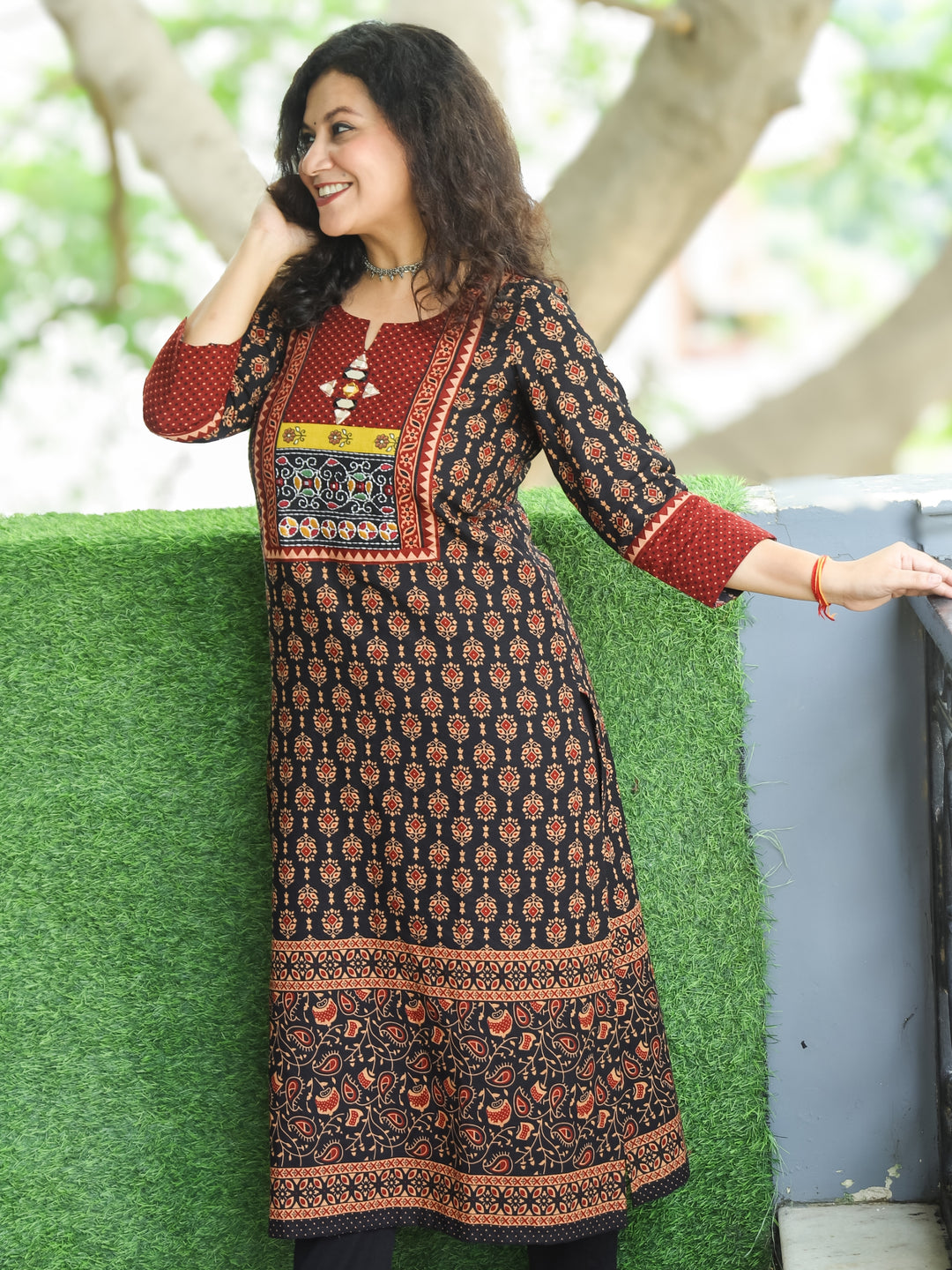Mohini Ebony Black Kutch Mirror Yoke with Embroidery Work Ajrak Print Cotton Kurti