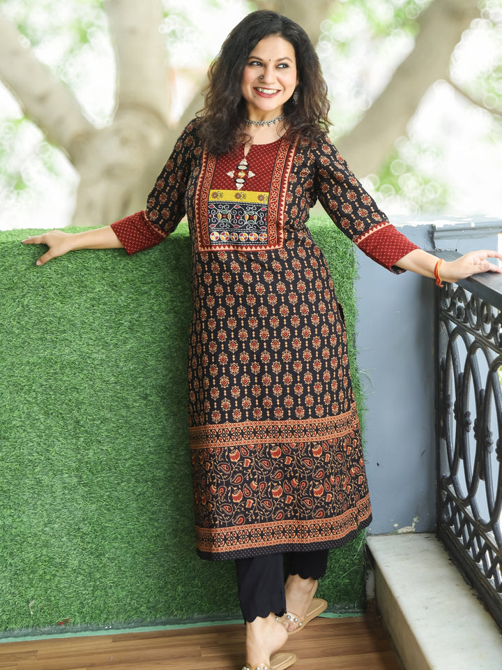 Mohini Ebony Black Kutch Mirror Yoke with Embroidery Work Ajrak Print Cotton Kurti