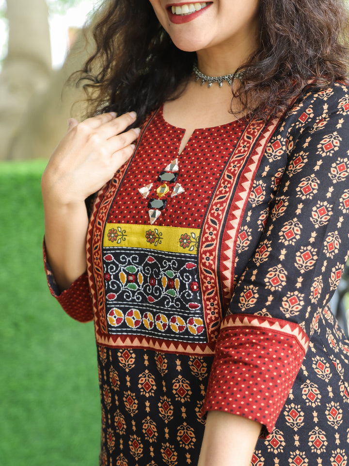 Mohini Ebony Black Kutch Mirror Yoke with Embroidery Work Ajrak Print Cotton Kurti