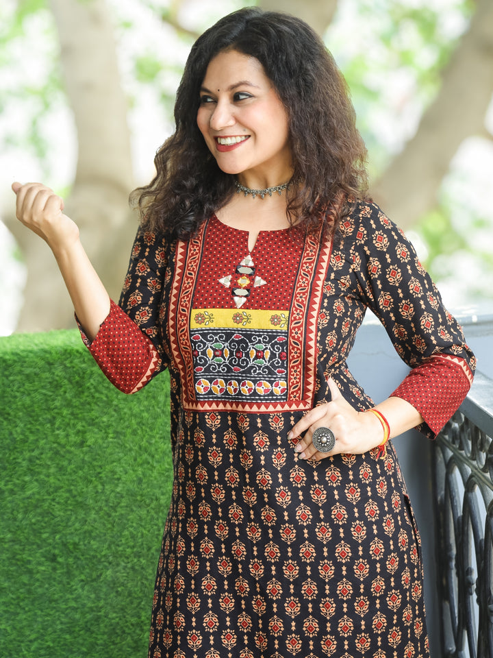 Mohini Ebony Black Kutch Mirror Yoke with Embroidery Work Ajrak Print Cotton Kurti