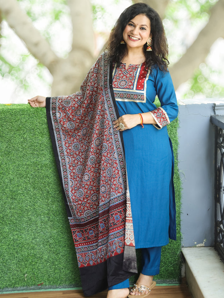 Aaravi Denim Blue Mashru Patch Work Neck with Mirror Work Roman Silk 3 Piece Set
