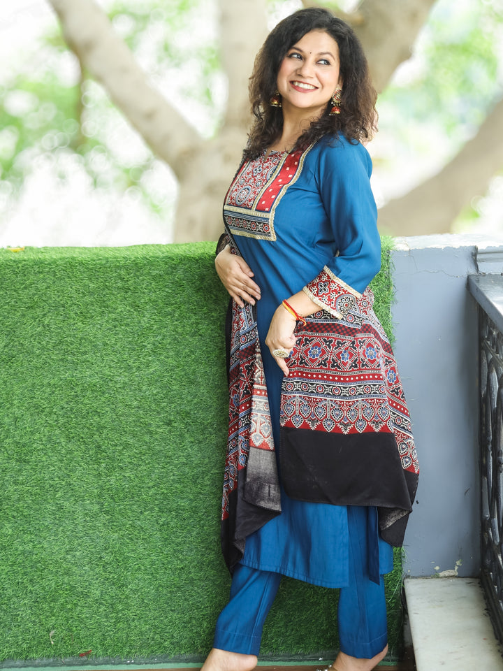 Aaravi Denim Blue Mashru Patch Work Neck with Mirror Work Roman Silk 3 Piece Set