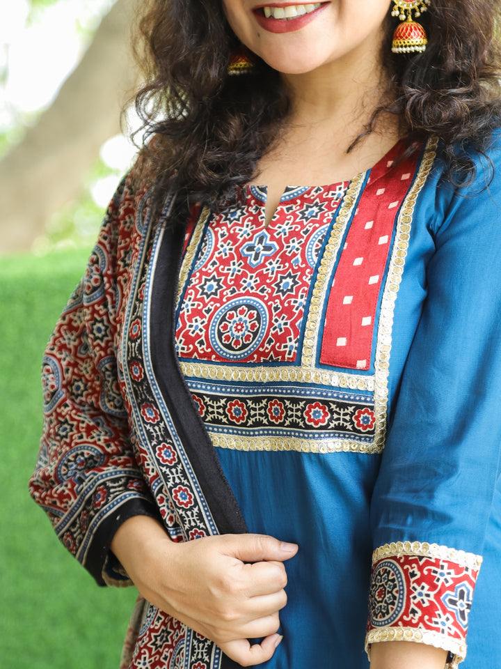 Aaravi Denim Blue Mashru Patch Work Neck with Mirror Work Roman Silk 3 Piece Set